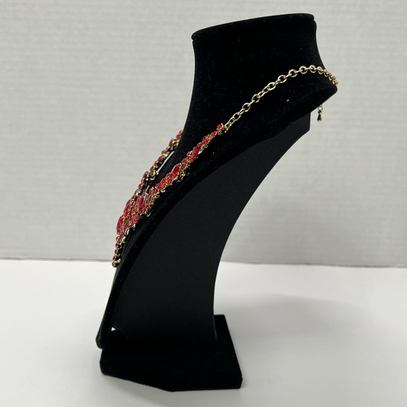 Red Floral Statement Necklace Bib Drop Earrings Jewelry Holiday Set Gold Rose gf - Picture 9 of 16